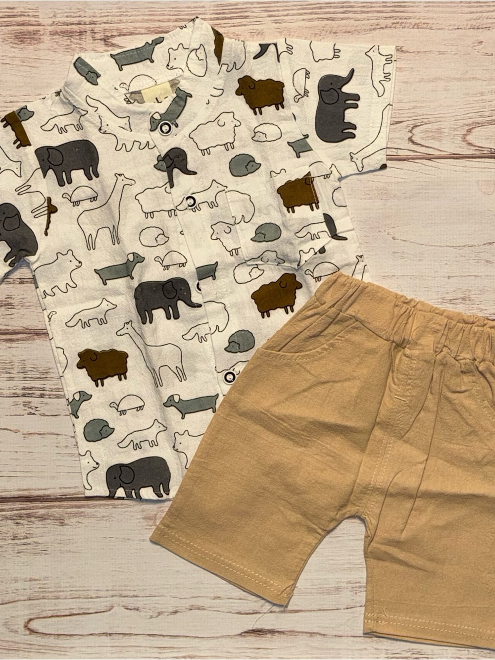 Baby Animal Print Button Shirt with Tan Shorts
